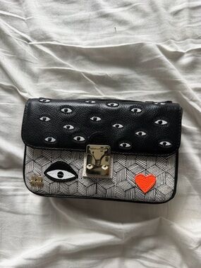 Min & Mon Black and White Amantis Crossbody Bag with Orange Heart Accent